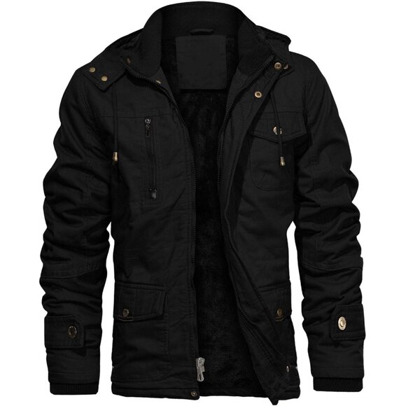 Other - Mens Black Thick Winter Jacket Hooded Fleece Lined Cotton Military Coat